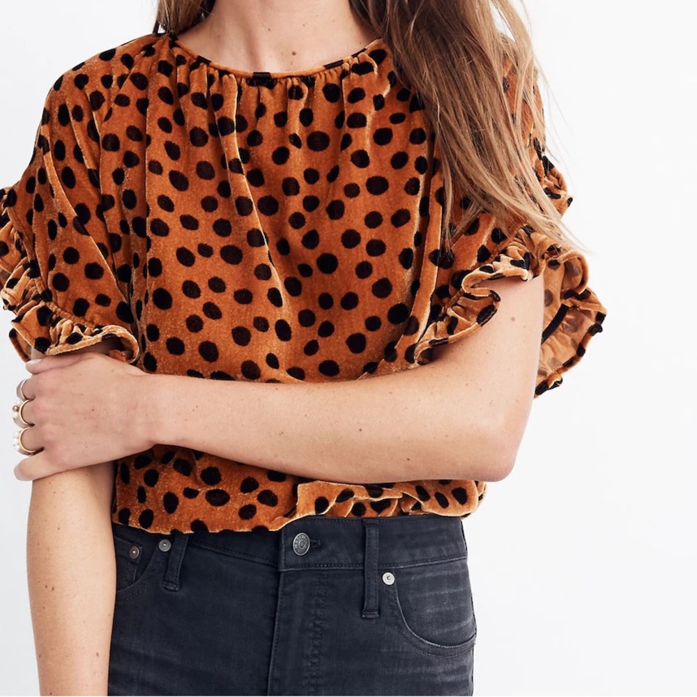 Madewell Rust Orange Velvet Polka Dot Short Sleeve Blouse